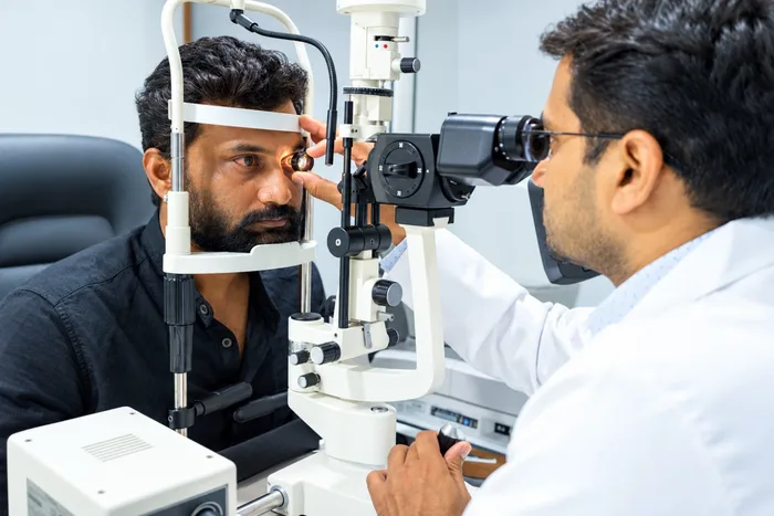 Doctor performing focused corneal and anterior eye examination on patient